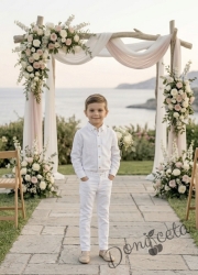 Детски комплект за момче от 2 части-риза с дълъг ръкав в бяло с яка и копчета в бежово и панталон в бяло