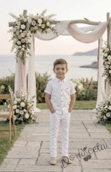 Летен комплект за момче от риза с къс ръкав в бяло и дълъг панталон в бяло