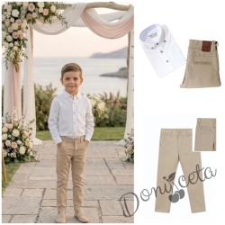 Официален детски комплект за момче риза с дълъг ръкав в бяло с яка и копчета в бежово и панталон в бежово