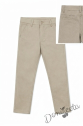 Официален детски комплект за момче риза с дълъг ръкав в бяло с яка и копчета в бежово и панталон в бежово