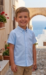 Детска или бебешка риза с къс ръкав за момче в светлосиньо със сини копчета