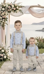 Детски комплект за момче от 4 части-риза в светлосиньо с яка, панталон в бежово и тиранти с папийонка в бежово