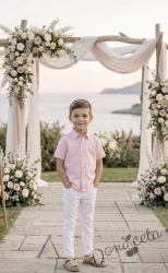 Летен комплект за момче от риза с къс ръкав в розово и дълъг прав панталон в бяло