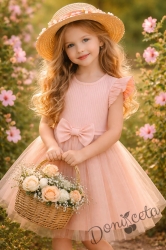 Ежедневна детска рокля с къс ръкав в прасковено с къдрички и тюл в долната част Оливия