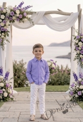 Детски комплект за момче от 2 части-риза в лилаво с яка и панталон в бяло