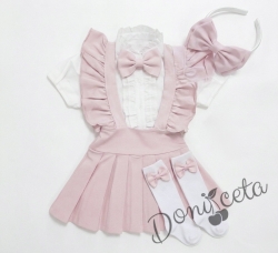 Комплект за момиче от 5 части- сукман Гери в розово с плисирана пола, риза в бяло с къс  ръкав и къдрички с панделка в розово, чорапки и диадема