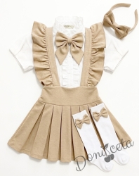 Комплект за момиче от 5 части в бежово-сукман плисе Гери, риза с къс ръкав с панделка, чорапки с панделка в бежово и диадема с панделка