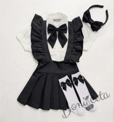 Комплект за момиче от 5 части в черно-сукман плисе Гери, риза с къс ръкав с панделка, чорапки с панделка в черно и диадема с панделка