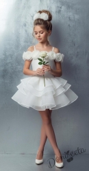 Къса елегантна детска рокля в бяло с рози и пищна многопластова пола Розалия