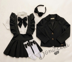 Комплект от 6 части сукман от трико Гери, сако в черно, ризка в бяло с къс ръкав, чорапи с панделки, панделка в черно за ризка и диадема