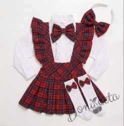 Комплект за момиче от 5 части- сукман Гери в червено каре с плисирана пола, риза в бяло с дълъг ръкав и къдрички ,панделка за ризка и чорапки и диадема в 