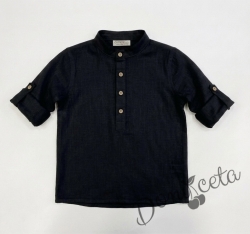 Детска риза с дълъг ръкав за момче в черно без яка с бежови копчета