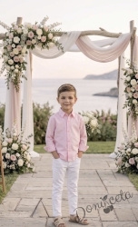 Детски комплект за момче от 2 части-риза с дълъг ръкав в розово с яка и панталон в бяло