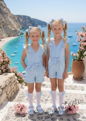 Елегантен детски дълъг гащеризон за момиче в светлосиньо с къдрички 