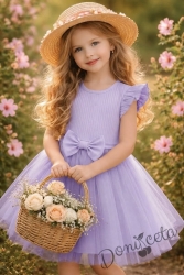 Ежедневна детска рокля с къс ръкав в лилаво с къдрички и тюл в долната част Оливия