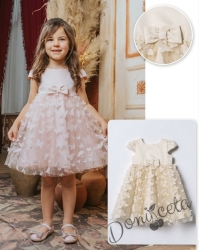 Ефирна детска рокля с 3D пеперуди в екрю с къс ръкав