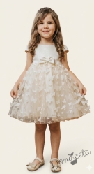 Ефирна детска рокля с 3D пеперуди в екрю с къс ръкав