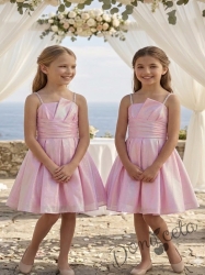 Елегантна къса официална детска рокля Лара с асиметрично деколте в розово