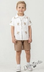 Летен комплект за момче от 3 части - риза с къс ръкав на палми , бяла тениска с щампа и бежови къси панталони