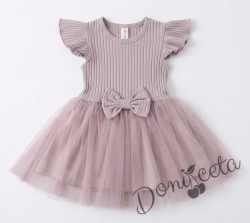 Ежедневна детска рокля с къс ръкав в пепел от рози с къдрички и тюл в долната част Оливия