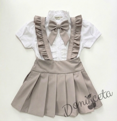 Комплект от 3 части-детски сукман от плат Калина за момиче с къдрички в бежово, ризка в бяло с къс ръкав и панделка за риза  от колекция Бежина