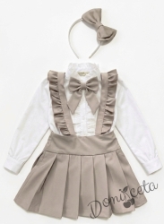 Комплект от 4 части  детски сукман от плат Калина за момиче с къдрички в бежово, ризка в бяло с дълъг ръкав с панделка и диадема от колекция Бежина