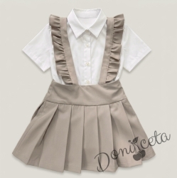 Комплект от детски сукман от плат Калина за момиче с къдрички в бежово и ризка в бяло с къс ръкав от колекция Бежина