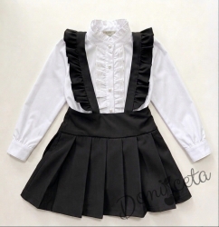 Комплект от 2 части  детски сукман от плат Калина за момиче с къдрички в черно и ризка в бяло с дълъг ръкав от колекция Бежина