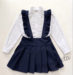 Комплект от 2 части  детски сукман от плат Калина за момиче с къдрички в тъмносиньо и ризка в бяло с дълъг ръкав от колекция Бежина