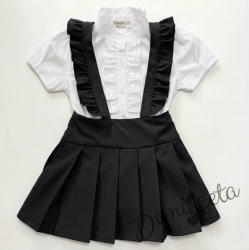 Комплект от детски сукман от плат Калина за момиче с къдрички в черно и ризка в бяло с къс ръкав от колекция Бежина