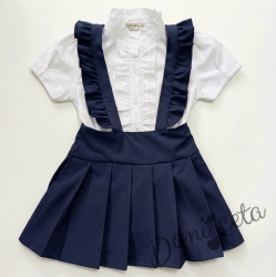 Комплект от детски сукман от плат Калина за момиче с къдрички в тъмносиньо и ризка в бяло с къс ръкав 