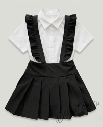 Комплект от детски сукман от плат Калина за момиче с къдрички в черно и риза в бяло с къс ръкав 