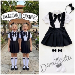 Комплект от 5 части-детски сукман от плат Калина за момиче в черно, ризка в бяло с къс ръкав с панделка, чорапи и диадема 