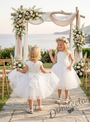 Детска официална рокля Крис от дантела и тюл в бяло от колекция Снежина