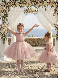 Официална детска рокля с дантела и тюл Златина в пепел от рози и голяма панделка на гърба278ФГТ