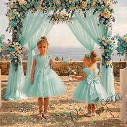 Официална детска рокля Златина в тюркоаз, мента с дантела и тюл и голяма панделка на гърба