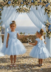 Празнична детска рокля Златина в светлосиньо с дантела и тюл с къс ръкав от колекция Светлосияна
