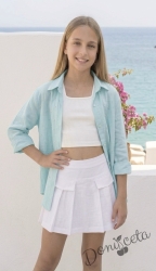 Летен комплект за момиче от 3 части - риза с дълъг ръкав в тюркоаз, бял топ и пола-панталон в бяло