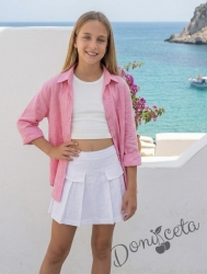 Комплект за момиче от 3 части - риза с дълъг ръкав в розово, бял топ и пола-панталон в бяло