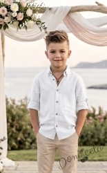 Лятна детска риза с дълъг ръкав в бяло с копчета в бежово от колекция Бежина