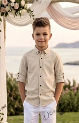 Детска официална риза за момче с дълъг ръкав в бежово с яка с черни копчета