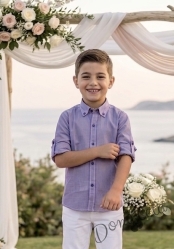  Официална детска риза с яка с дълъг ръкав в лилаво с лилави копчета