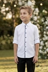Детска официална риза в бяло с дълъг ръкав за момче с копчета в черно