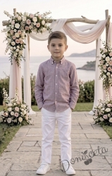 Детски комплект за момче от 2 части-риза с дълъг ръкав в пепел от рози с яка и панталон в бяло