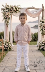 Детски комплект за момче от 2 части-риза с дълъг ръкав в пепел от рози на райе с яка и панталон в бяло