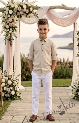 Детски комплект за момче от 2 части-риза с дълъг ръкав в бежово с яка с копчета в черно и панталон в бяло