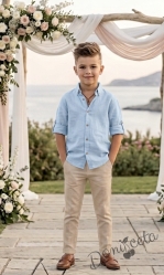 Детски комплект за момче от 2 части-риза с дълъг ръкав в светлосиньо с копчета в бежово с яка и панталон в бежово