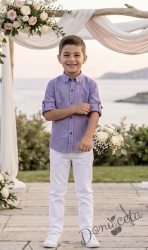 Детски комплект за момче от 2 части-риза с дълъг ръкав в лилаво на райе с яка и панталон в бяло