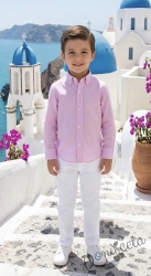 Детски комплект за момче от 2 части-риза с дълъг ръкав в розово на райе с яка и панталон в бяло