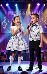 Комплект от 3 части- панталон в черно, риза в бяло с къс ръкав  и елек с папийонка с ноти в бяло